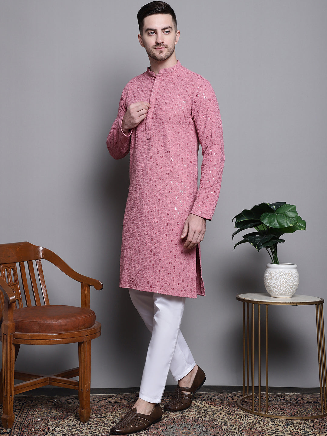Jompers Men's Sequin Embroidered Pure Cotton Kurta with Pyjamas - Coral - Distacart