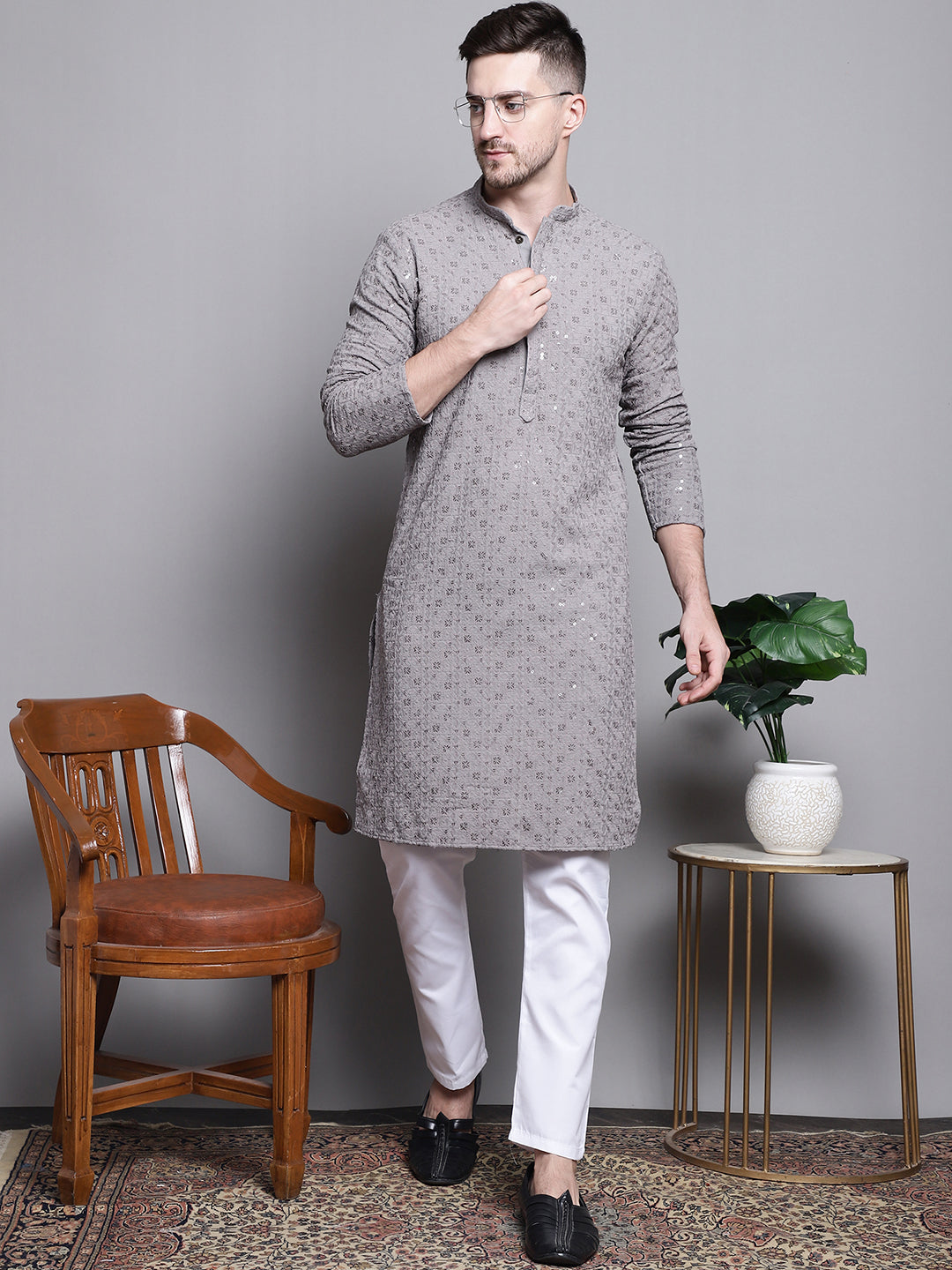 Jompers Men's Sequin Embroidered Pure Cotton Kurta with Pyjamas - Grey - Distacart