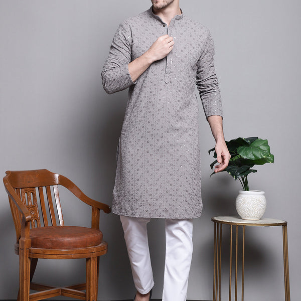 Jompers Men's Sequin Embroidered Pure Cotton Kurta with Pyjamas - Grey - Distacart