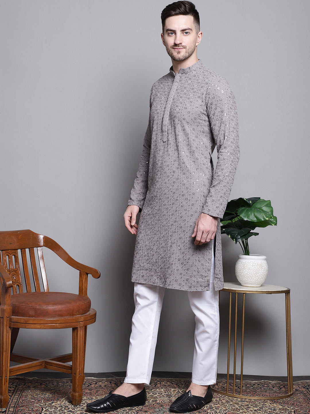 Jompers Men's Sequin Embroidered Pure Cotton Kurta with Pyjamas - Grey - Distacart