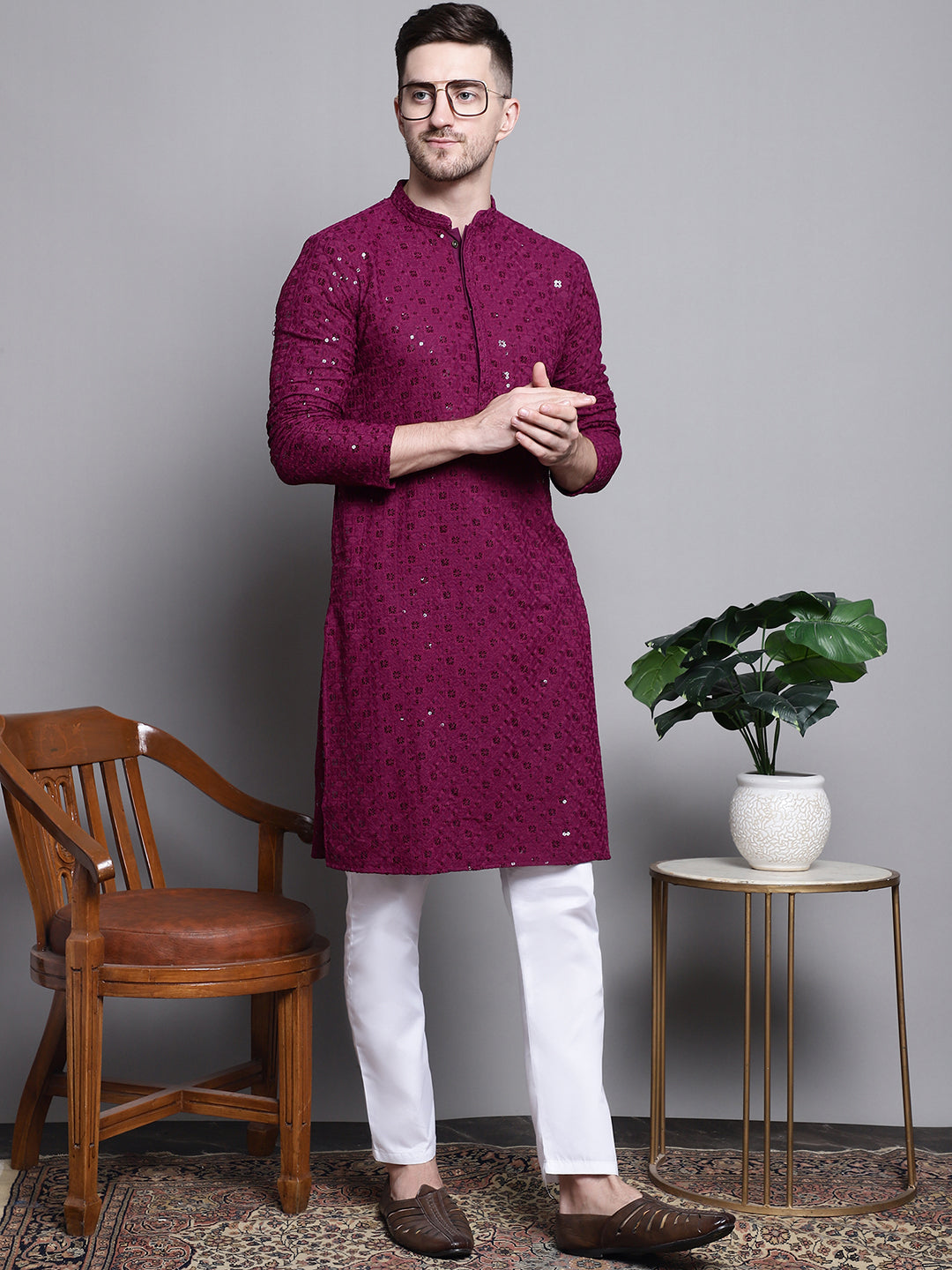 Jompers Men's Sequin Embroidered Pure Cotton Kurta with Pyjamas - Purple - Distacart