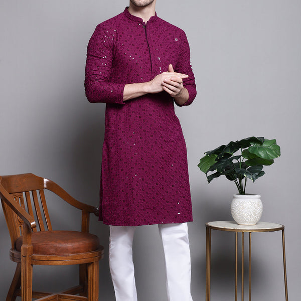 Jompers Men's Sequin Embroidered Pure Cotton Kurta with Pyjamas - Purple - Distacart