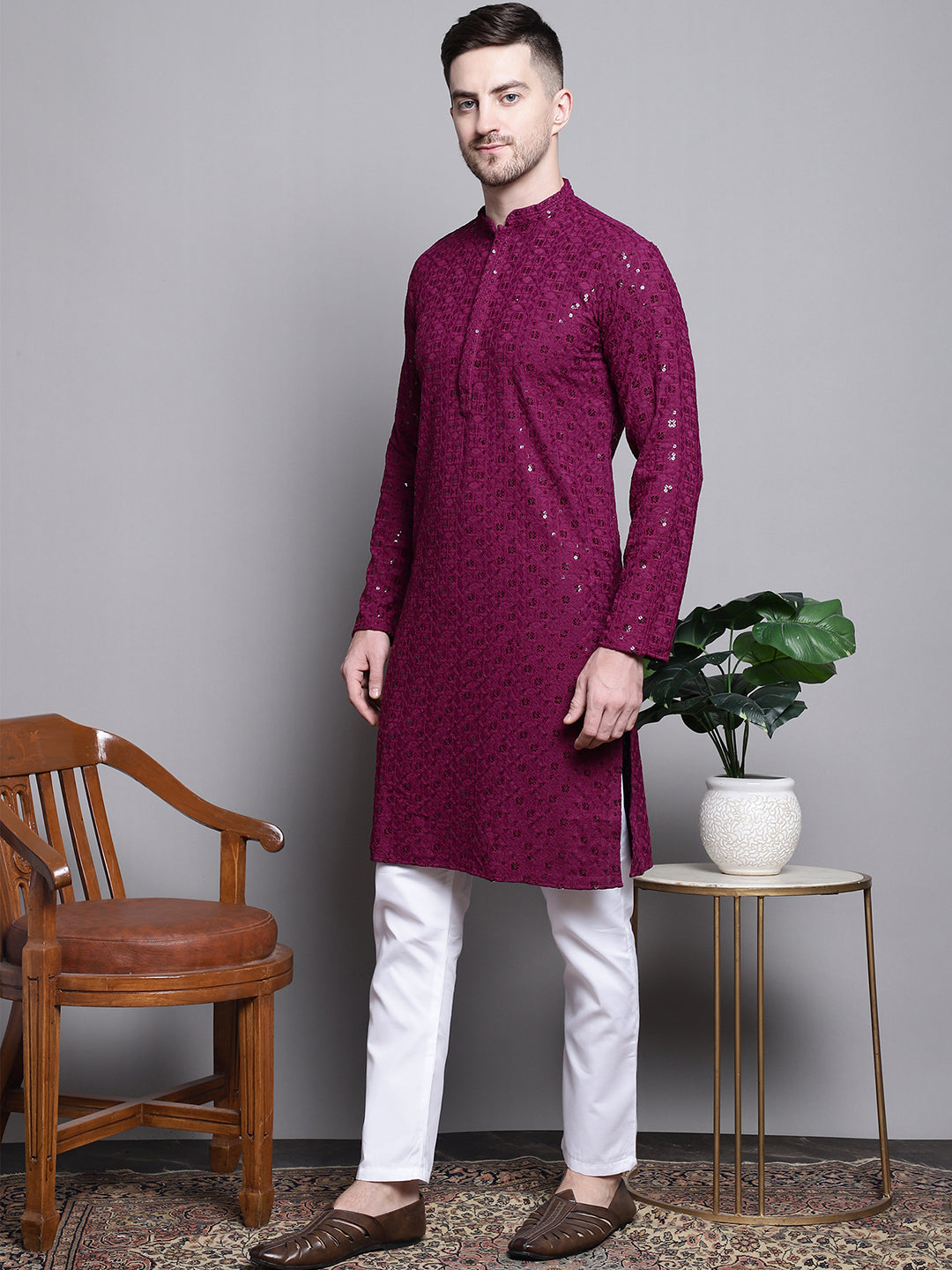 Jompers Men's Sequin Embroidered Pure Cotton Kurta with Pyjamas - Purple - Distacart