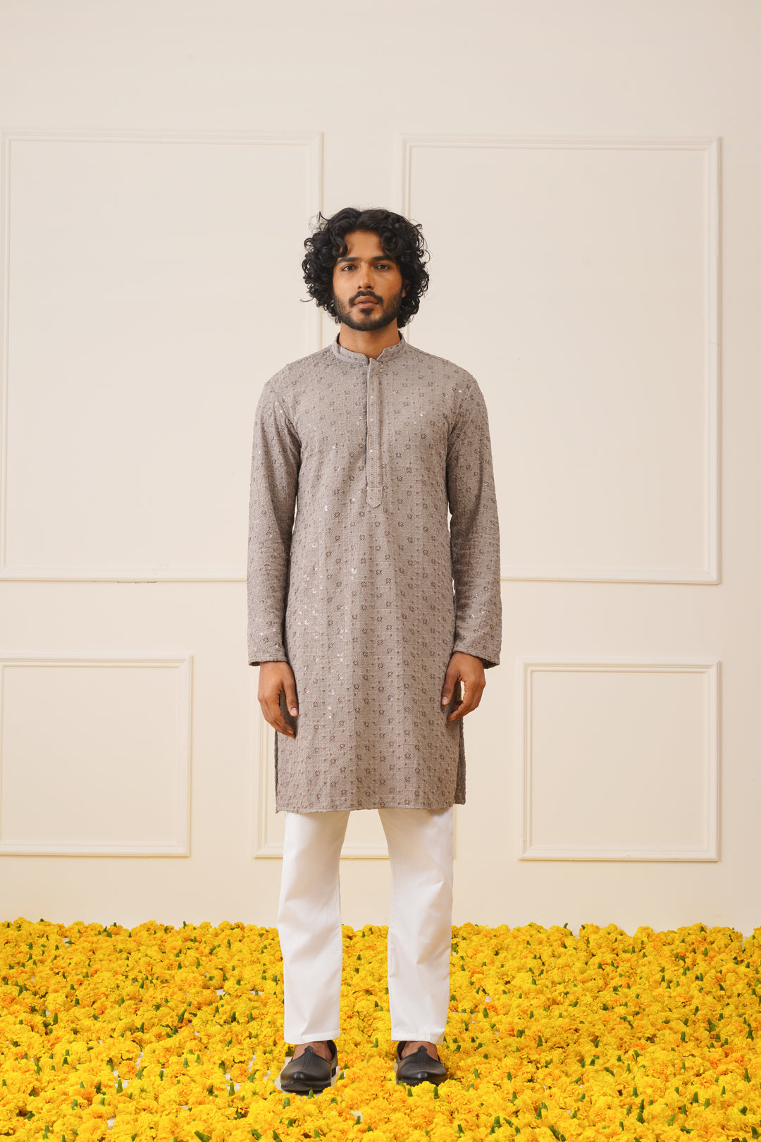 Jompers Men's Sequin Embroidered Pure Cotton Kurta - Grey - Distacart