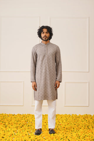 Jompers Men's Sequin Embroidered Pure Cotton Kurta - Grey - Distacart