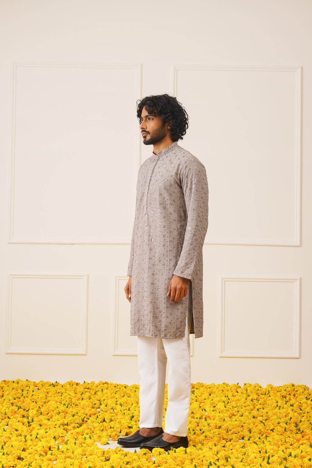 Jompers Men's Sequin Embroidered Pure Cotton Kurta - Grey - Distacart