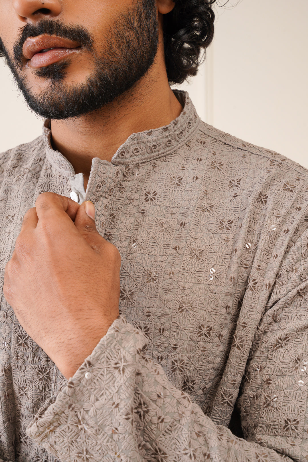 Jompers Men's Sequin Embroidered Pure Cotton Kurta - Grey - Distacart