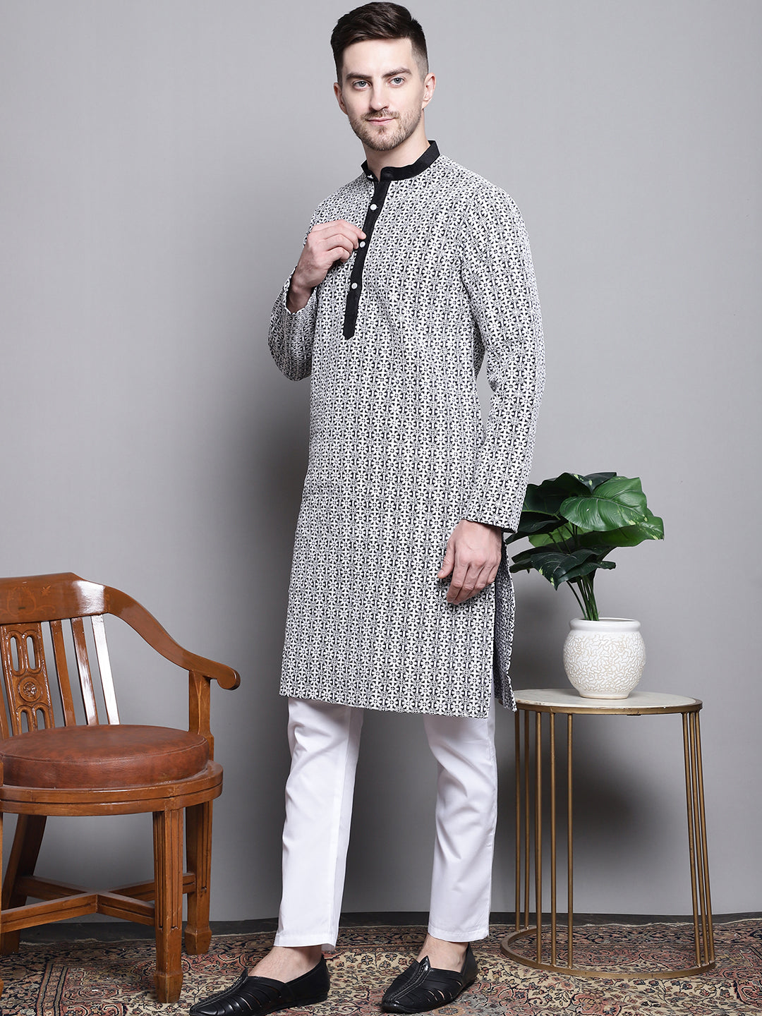 Jompers Men's Sequin Embroidered Silk Blend Kurta with Pyjamas - Black - Distacart