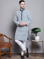 Thumbnail for Jompers Men's Sequin Embroidered Silk Blend Kurta with Pyjamas - Peacock - Distacart
