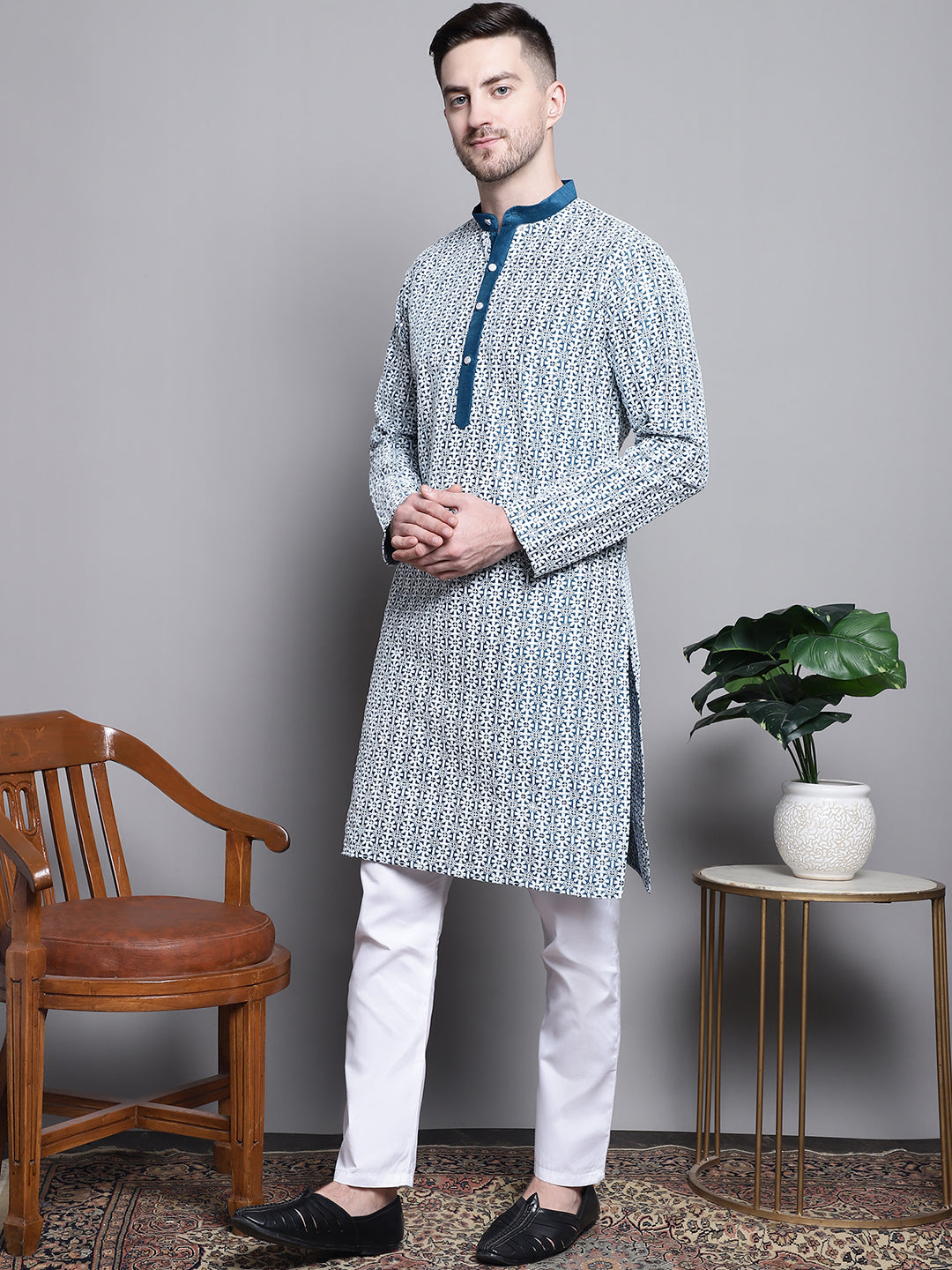 Jompers Men's Sequin Embroidered Silk Blend Kurta with Pyjamas - Peacock - Distacart