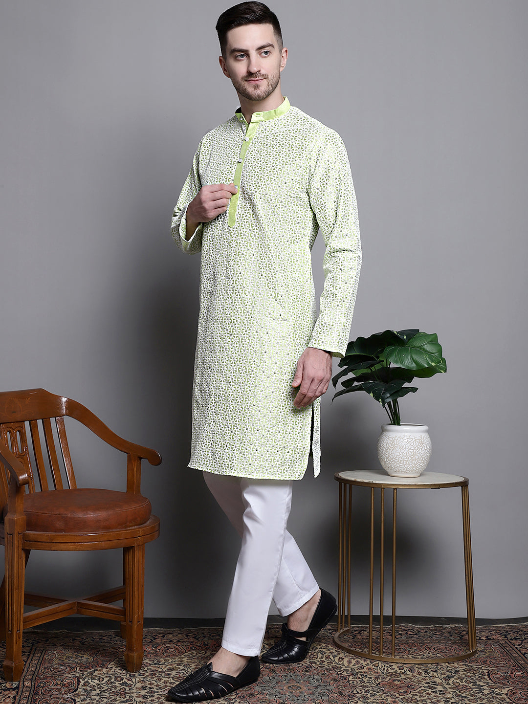 Jompers Men's Sequin Embroidered Silk Blend Kurta with Pyjamas - Pista - Distacart