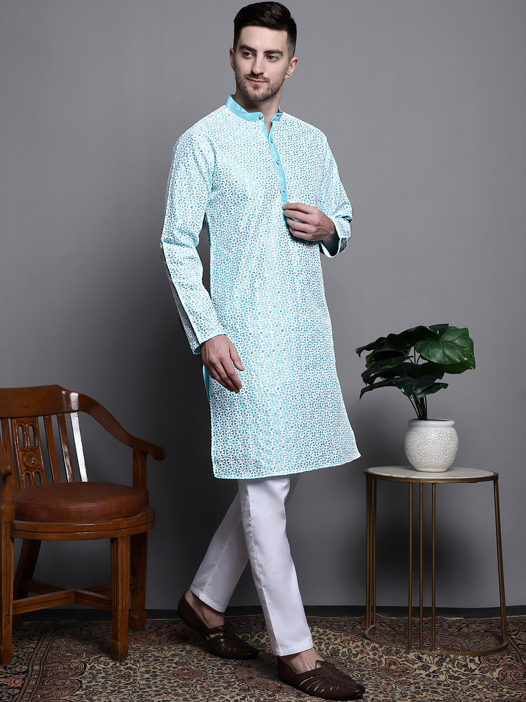 Jompers Men's Sequin Embroidered Silk Blend Kurta with Pyjamas - Sky Blue - Distacart