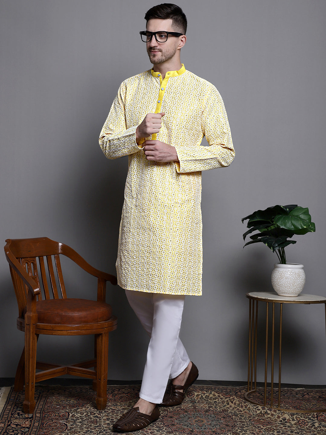 Jompers Men's Sequin Embroidered Silk Blend Kurta with Pyjamas - Yellow - Distacart