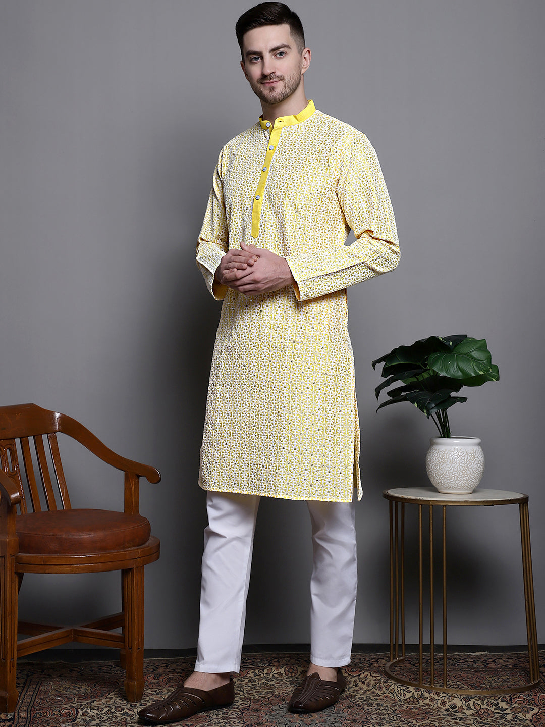 Jompers Men's Sequin Embroidered Silk Blend Kurta with Pyjamas - Yellow - Distacart