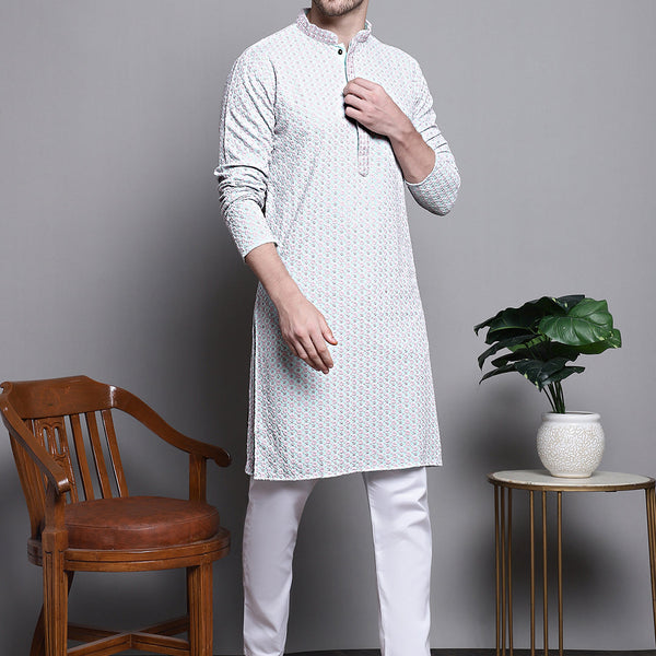 Jompers Men's Sequin Embroidered Pure Cotton Kurta with Pyjamas - Blue - Distacart