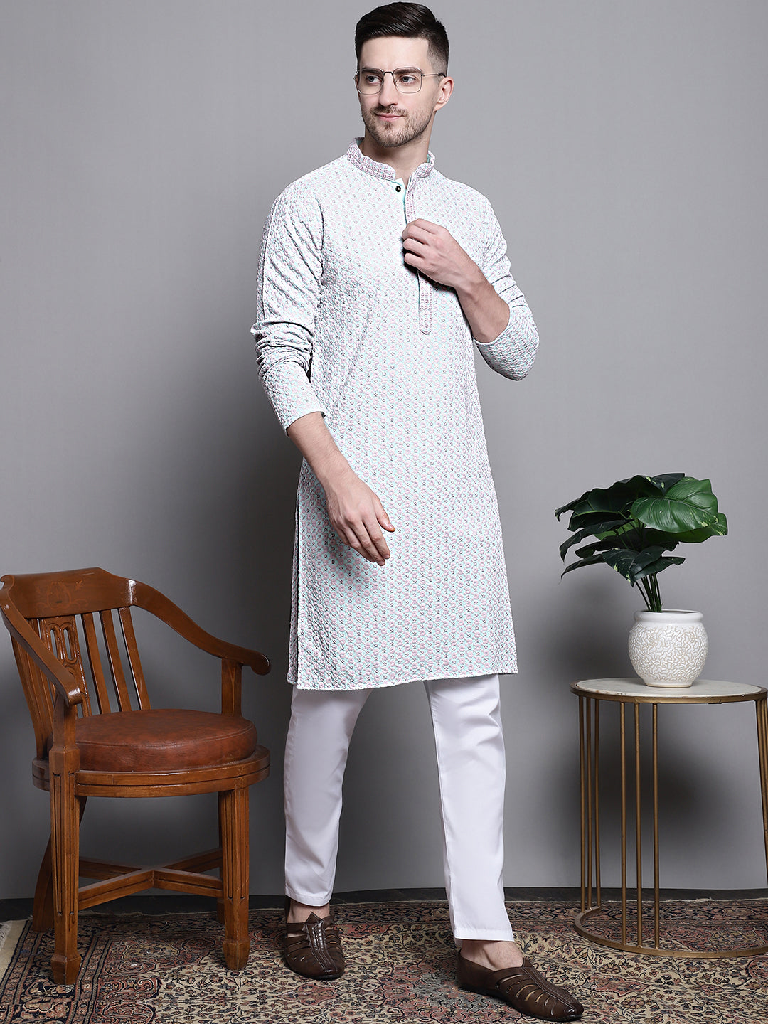 Jompers Men's Sequin Embroidered Pure Cotton Kurta with Pyjamas - Blue - Distacart
