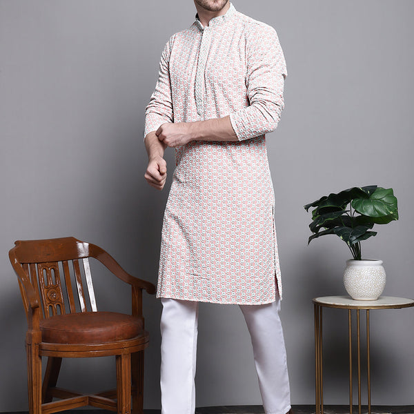 Jompers Men's Sequin Embroidered Pure Cotton Kurta with Pyjamas - Peach - Distacart