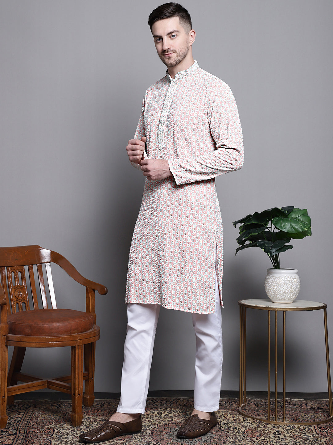 Jompers Men's Sequin Embroidered Pure Cotton Kurta with Pyjamas - Peach - Distacart