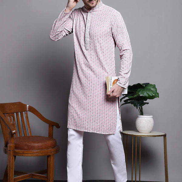 Jompers Men's Sequin Embroidered Pure Cotton Kurta with Pyjamas - Pink - Distacart