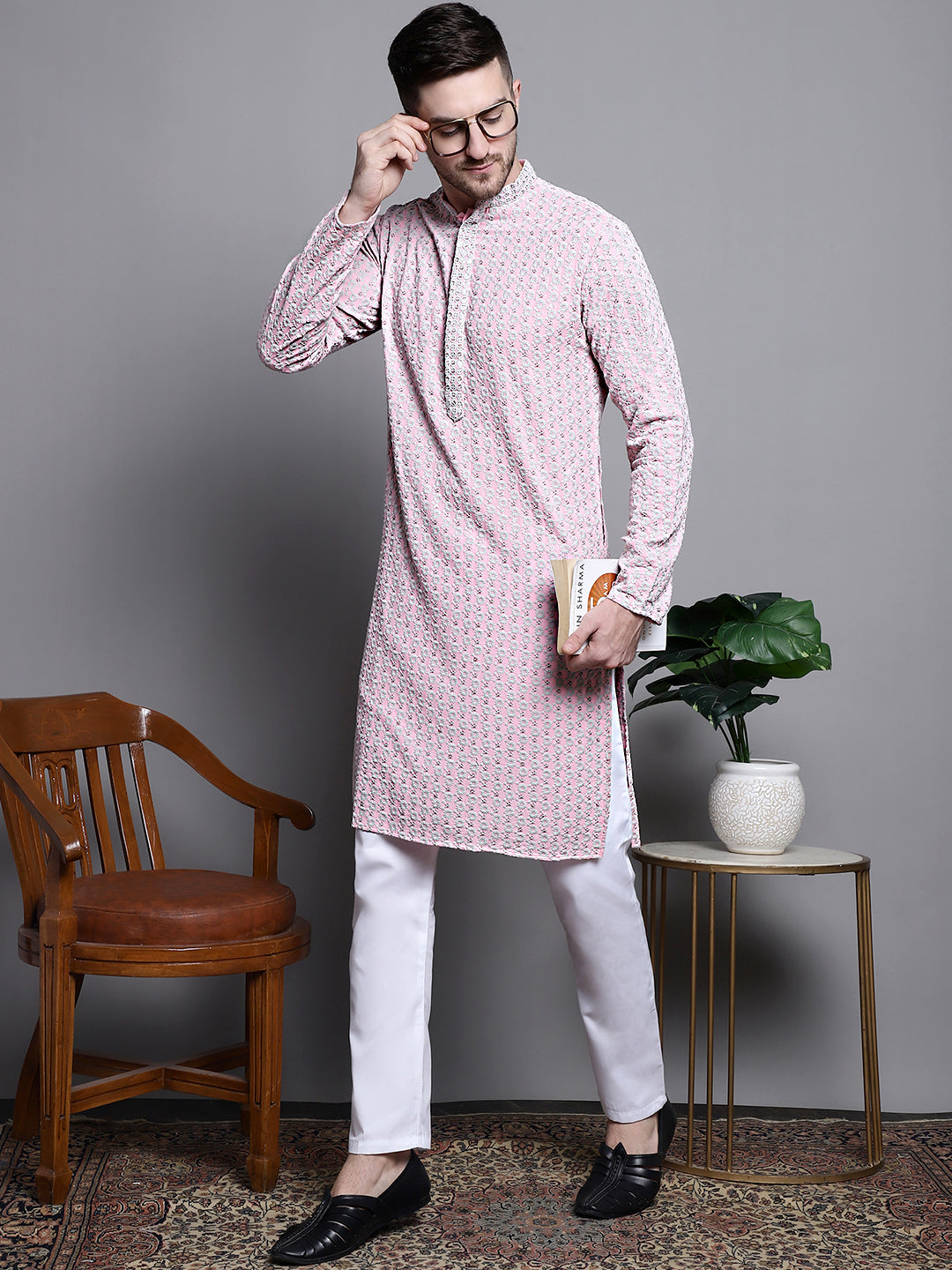 Jompers Men's Sequin Embroidered Pure Cotton Kurta with Pyjamas - Pink - Distacart