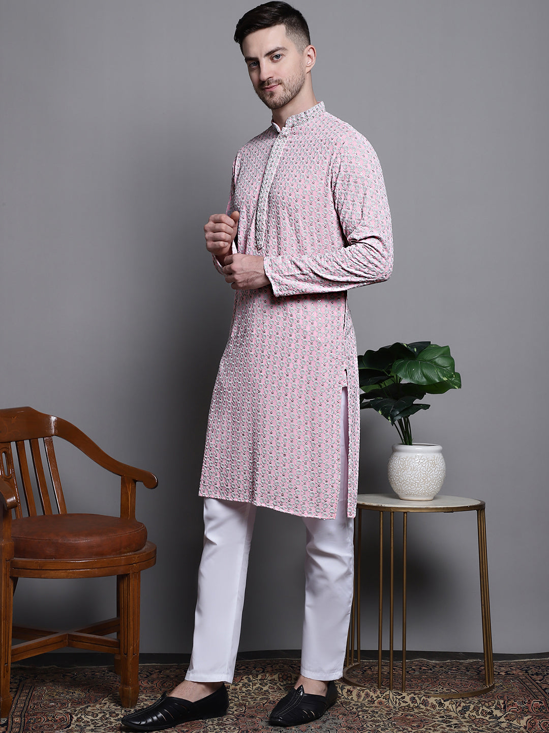Jompers Men's Sequin Embroidered Pure Cotton Kurta with Pyjamas - Pink - Distacart