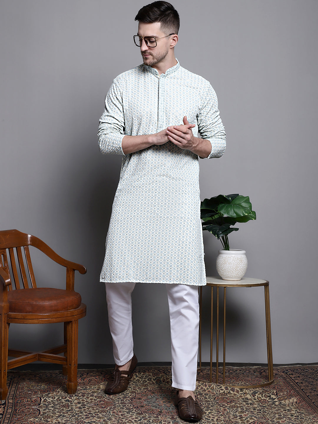 Jompers Men's Sequin Embroidered Pure Cotton Kurta with Pyjamas - Yellow - Distacart