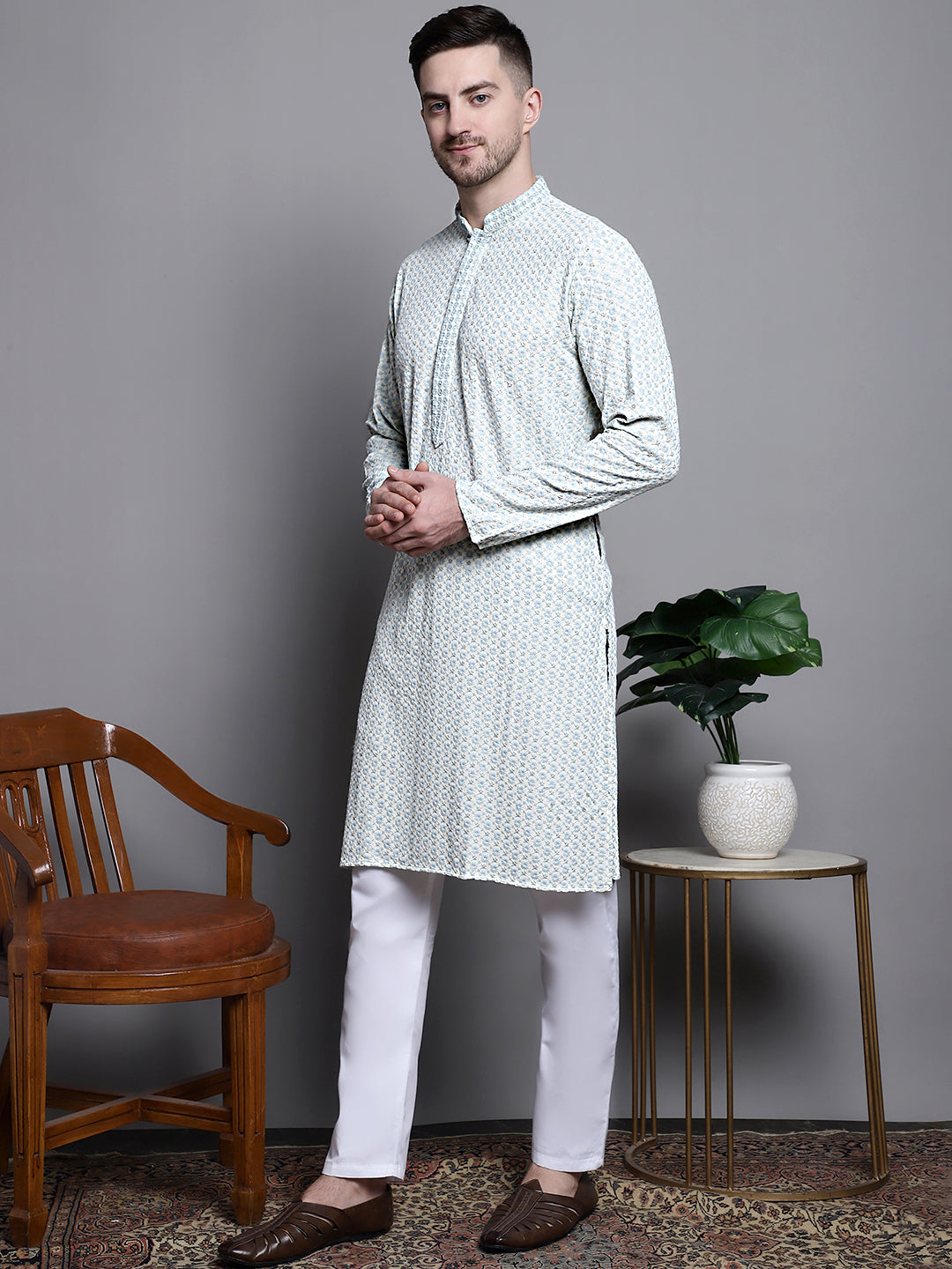 Jompers Men's Sequin Embroidered Pure Cotton Kurta with Pyjamas - Yellow - Distacart