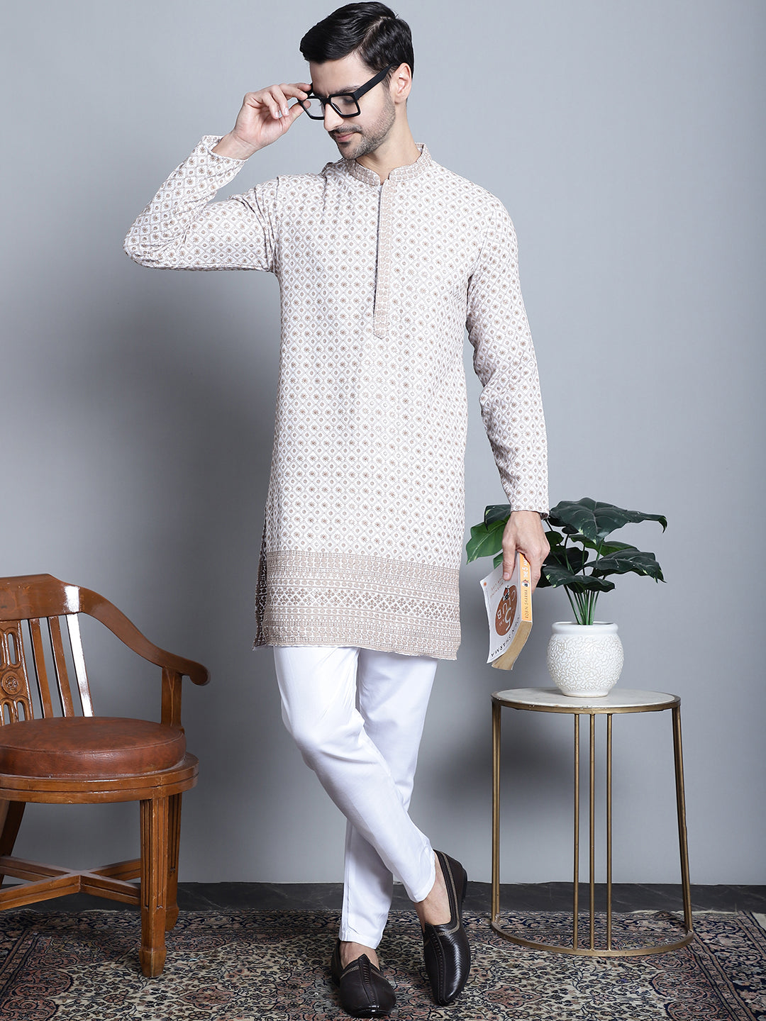 Jompers Men's Chikankari Embroidered Kurta with Pyjama - Beige - Distacart