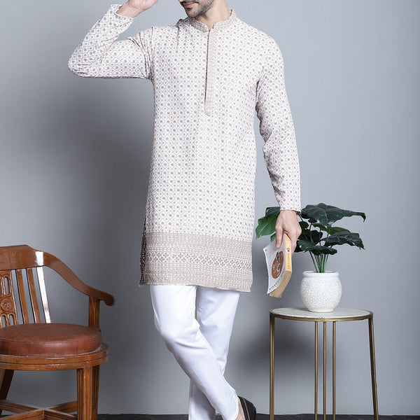 Jompers Men's Chikankari Embroidered Kurta with Pyjama - Beige - Distacart