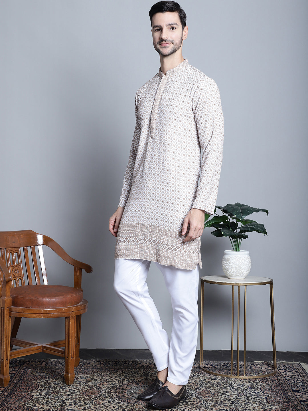 Jompers Men's Chikankari Embroidered Kurta with Pyjama - Beige - Distacart