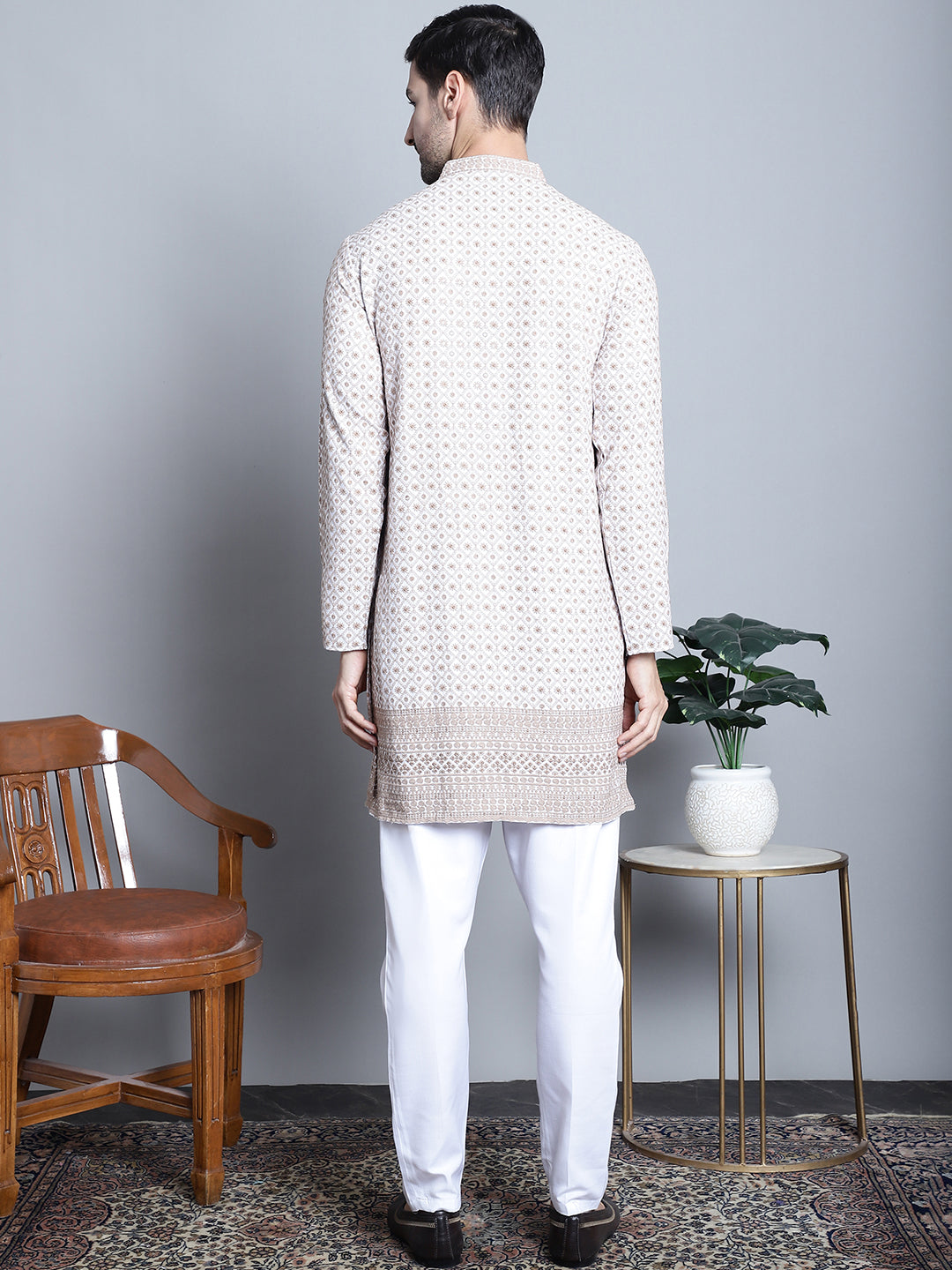 Jompers Men's Chikankari Embroidered Kurta with Pyjama - Beige - Distacart