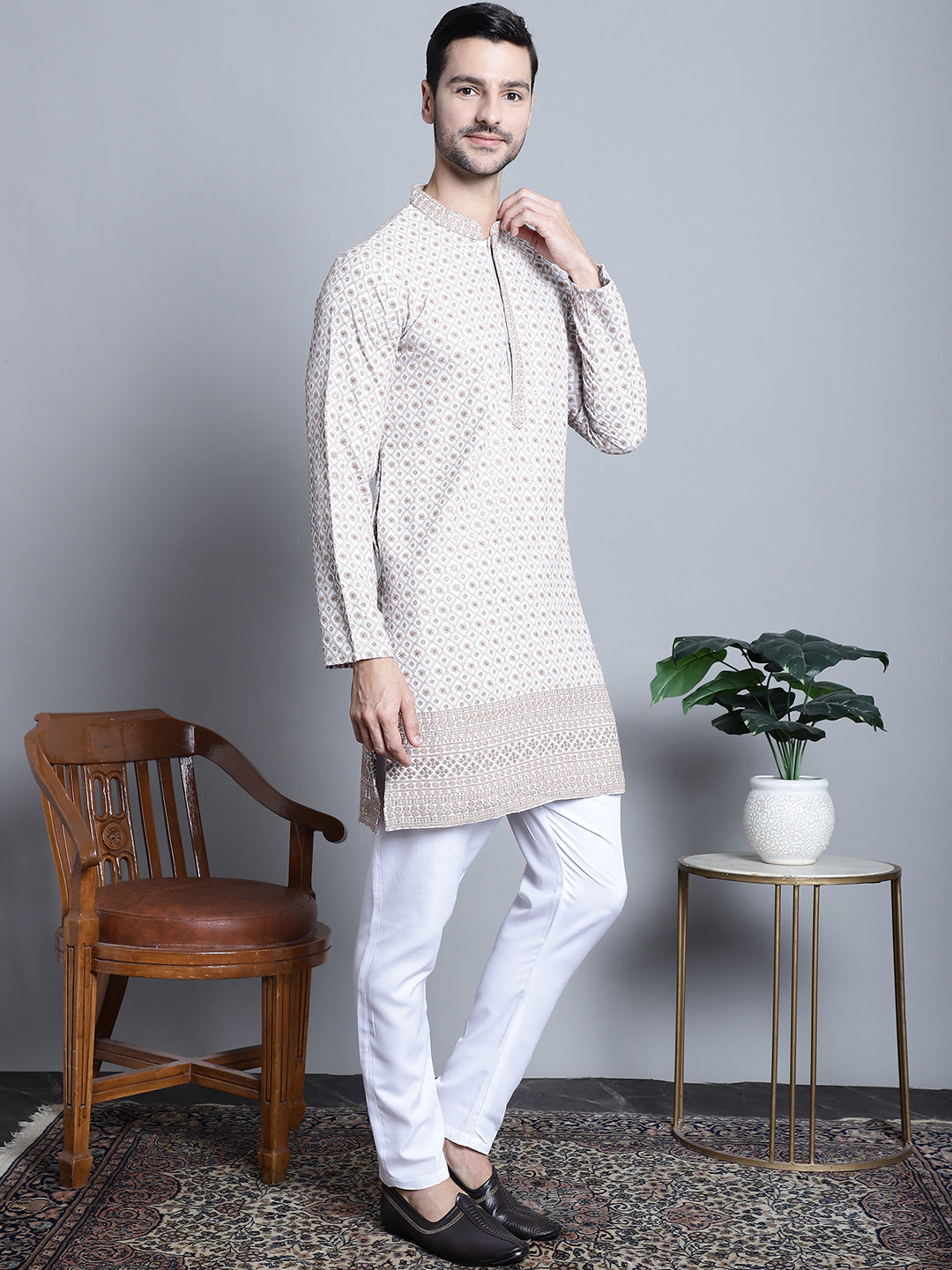 Jompers Men's Chikankari Embroidered Kurta with Pyjama - Beige - Distacart
