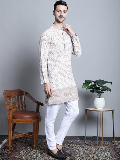 Jompers Men's Chikankari Embroidered Kurta with Pyjama - Beige - Distacart