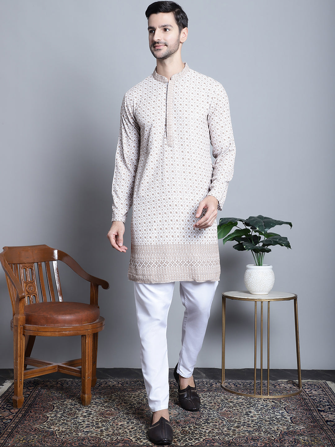 Jompers Men's Chikankari Embroidered Kurta with Pyjama - Beige - Distacart