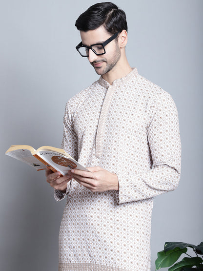 Jompers Men's Chikankari Embroidered Kurta with Pyjama - Beige - Distacart
