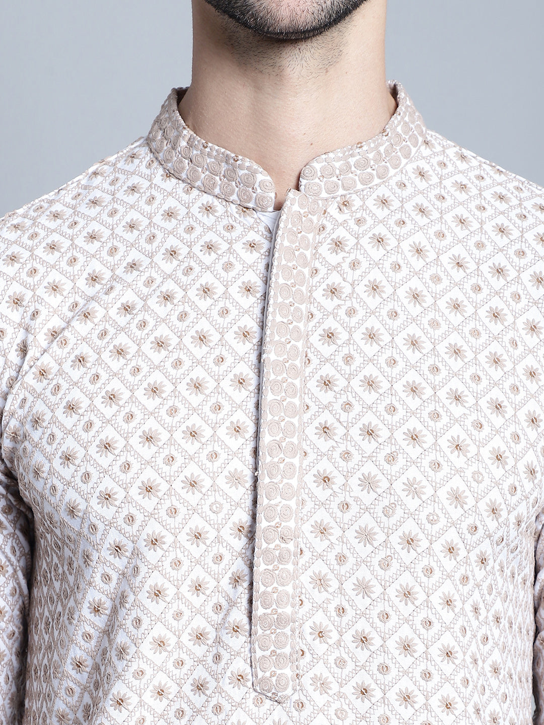 Jompers Men's Chikankari Embroidered Kurta with Pyjama - Beige - Distacart