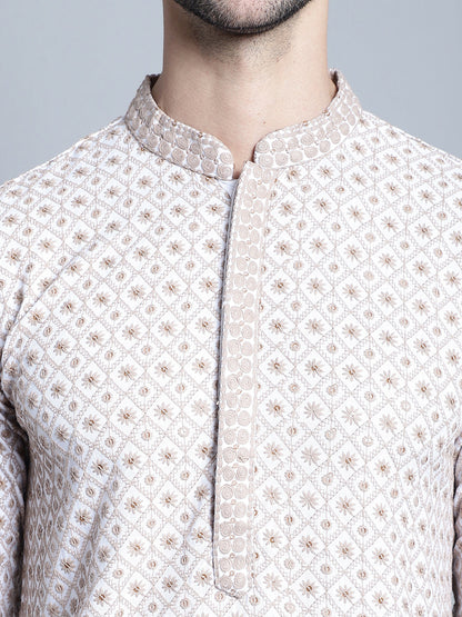 Jompers Men's Chikankari Embroidered Kurta with Pyjama - Beige - Distacart