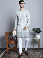 Thumbnail for Jompers Men's Chikankari Embroidered Kurta with Pyjama - Blue - Distacart