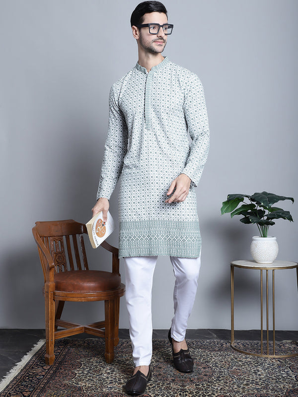 Jompers Men's Chikankari Embroidered Kurta with Pyjama - Blue - Distacart