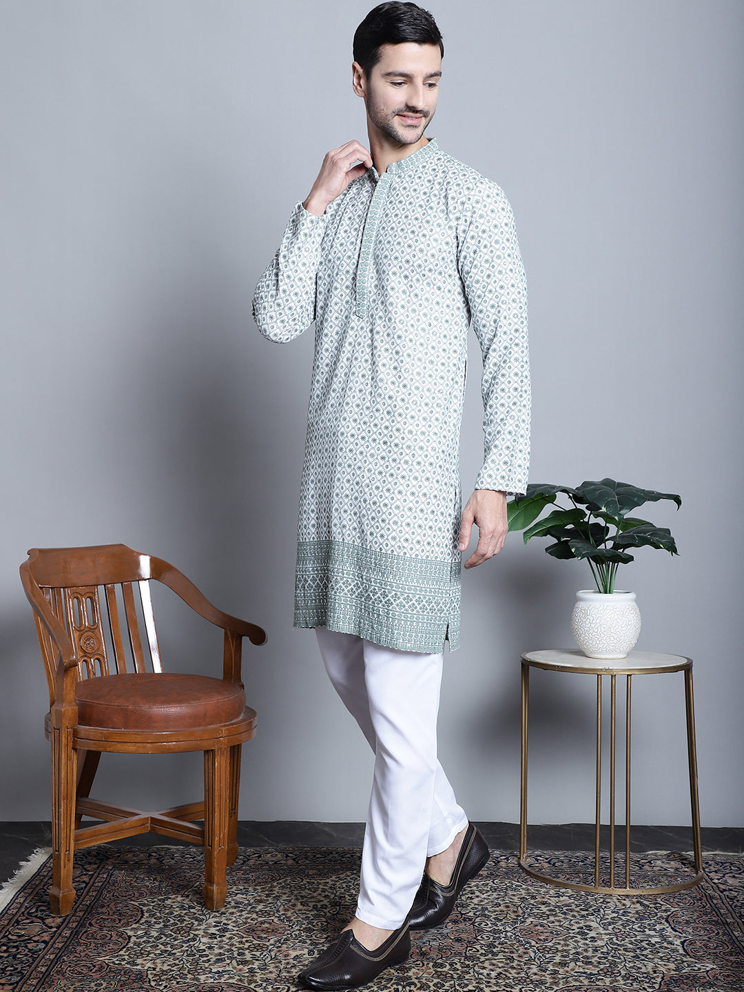 Jompers Men's Chikankari Embroidered Kurta with Pyjama - Blue - Distacart