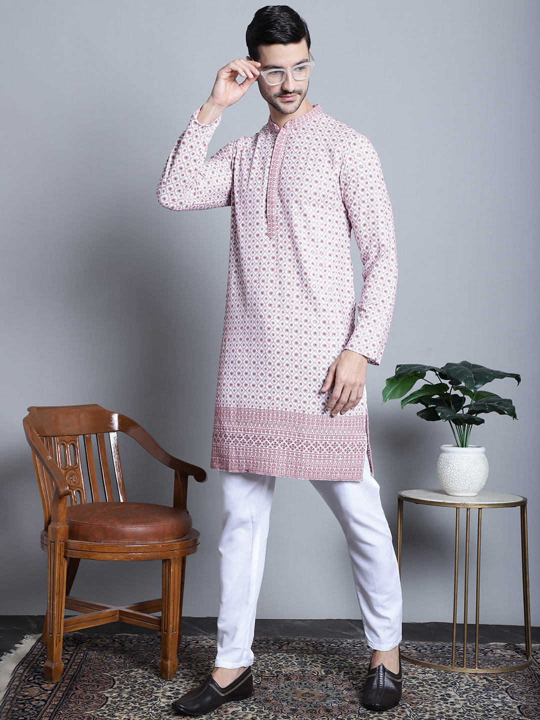 Jompers Men's Chikankari Embroidered Kurta with Pyjama - Pink - Distacart
