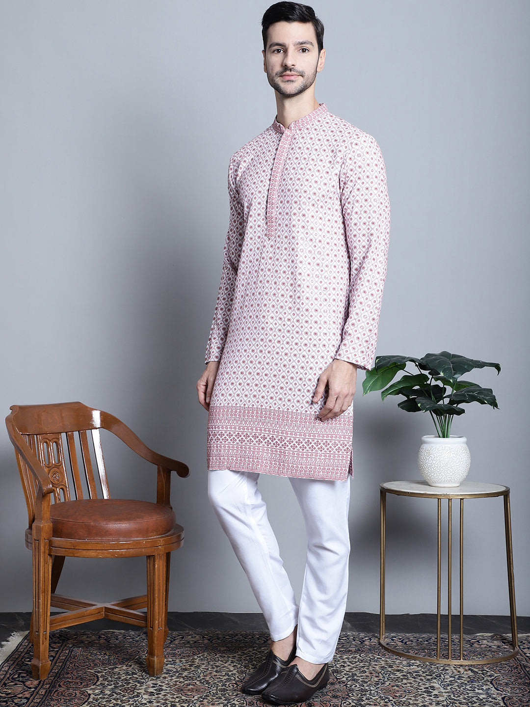 Jompers Men's Chikankari Embroidered Kurta with Pyjama - Pink - Distacart
