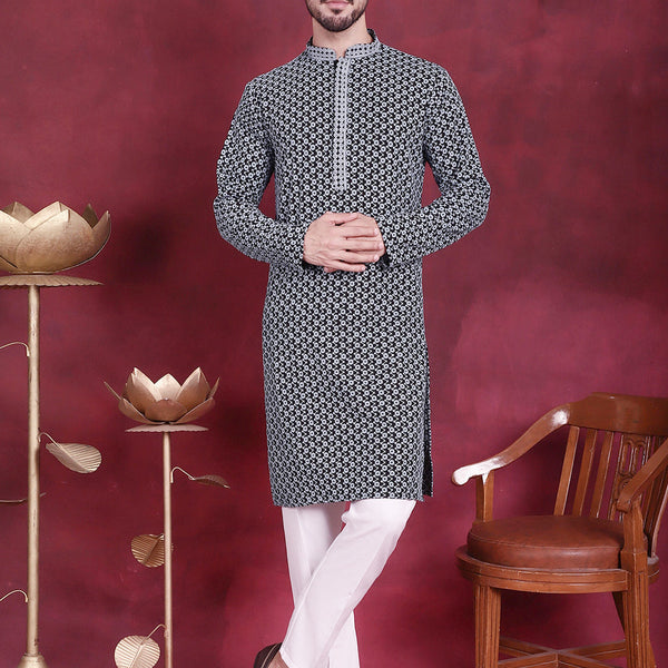 Jompers Men's Sequins Embroidered Kurta with Pyjama - Grey - Distacart