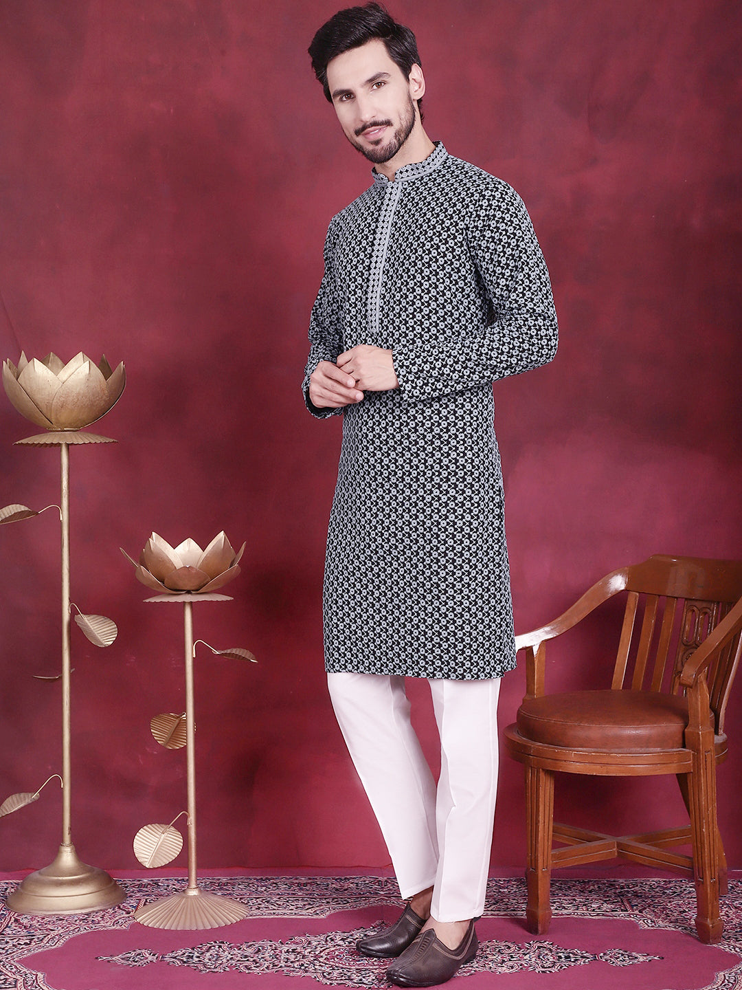 Jompers Men's Sequins Embroidered Kurta with Pyjama - Grey - Distacart