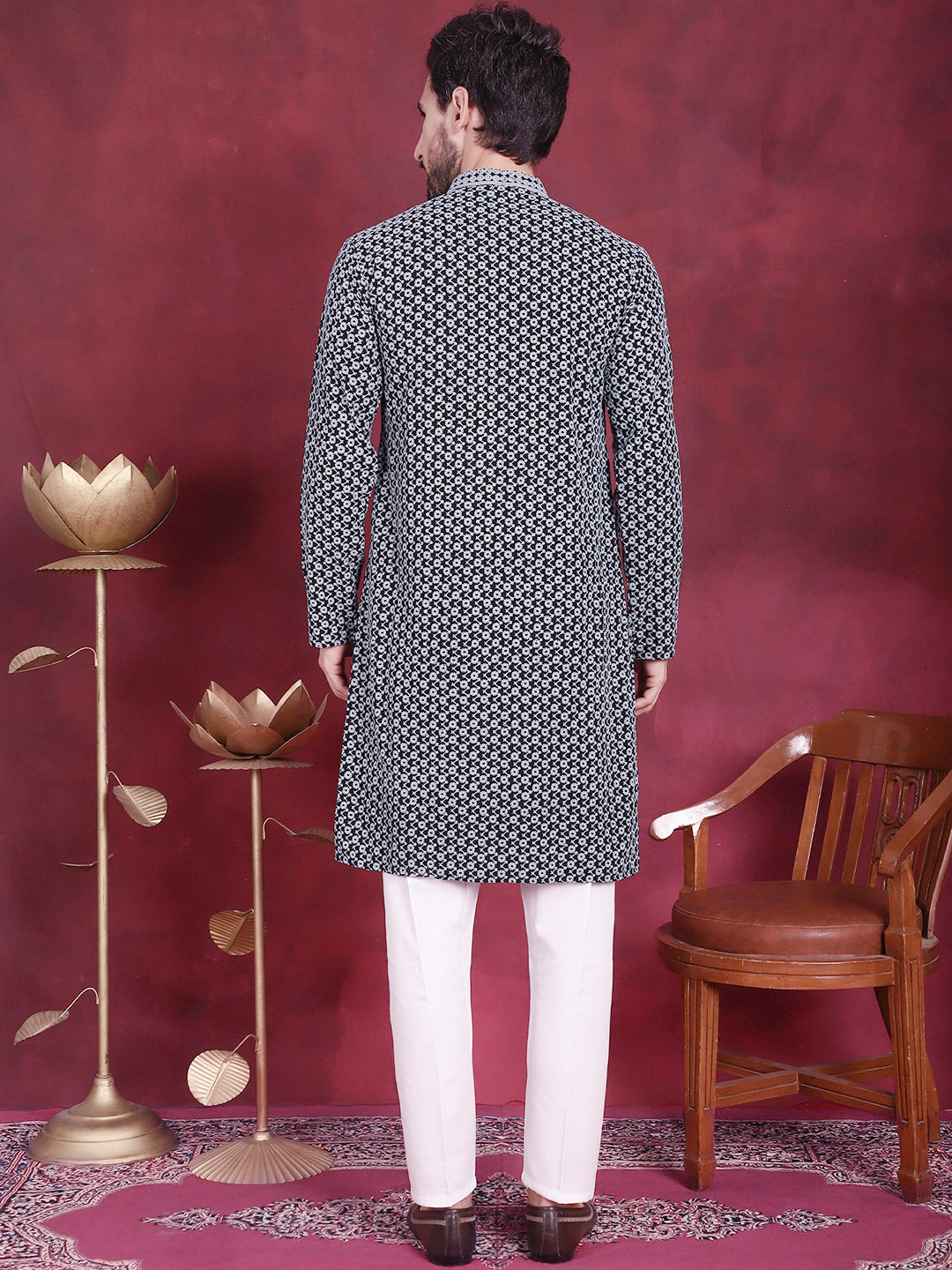 Jompers Men's Sequins Embroidered Kurta with Pyjama - Grey - Distacart