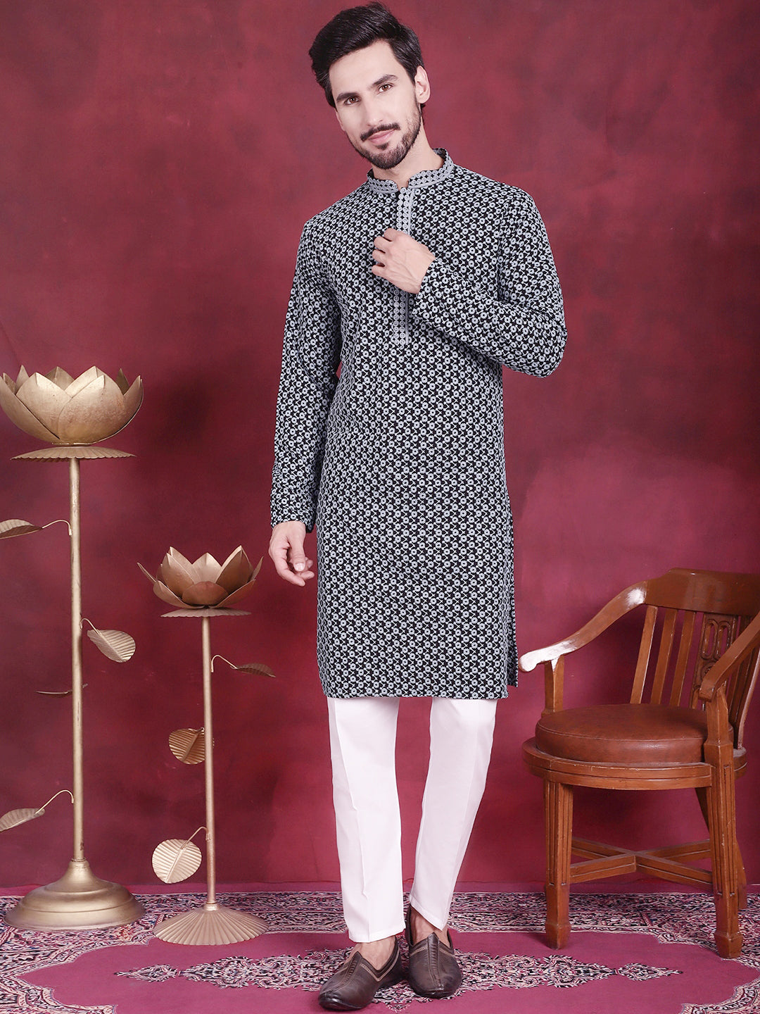 Jompers Men's Sequins Embroidered Kurta with Pyjama - Grey - Distacart