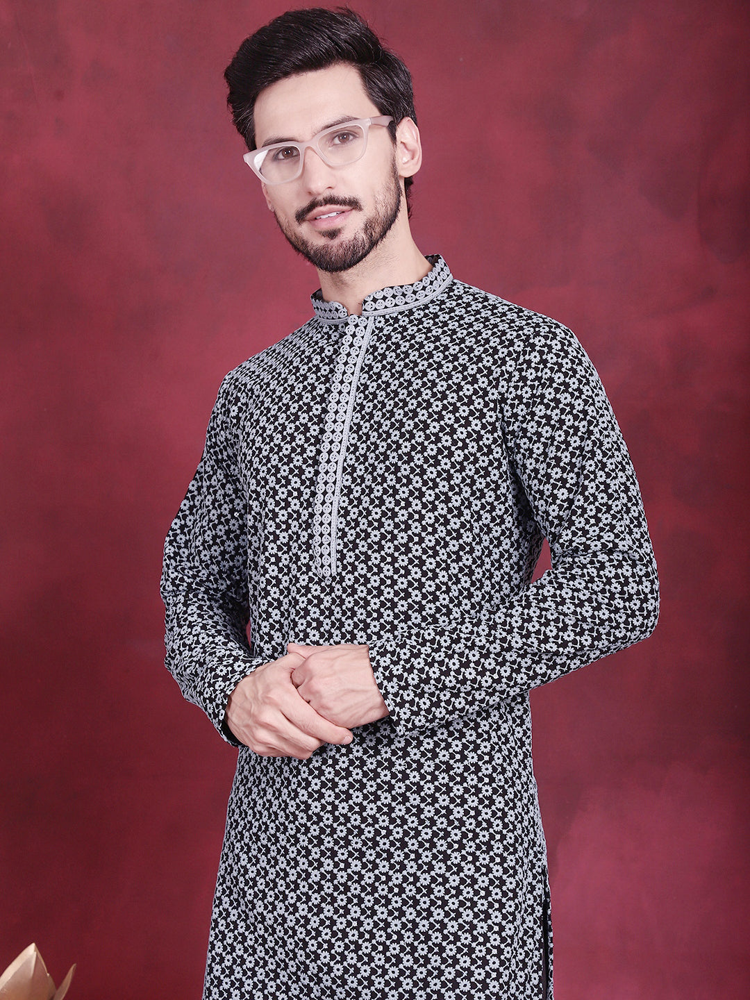 Jompers Men's Sequins Embroidered Kurta with Pyjama - Grey - Distacart