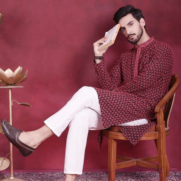 Jompers Men's Sequins Embroidered Kurta with Pyjama - Magenta - Distacart