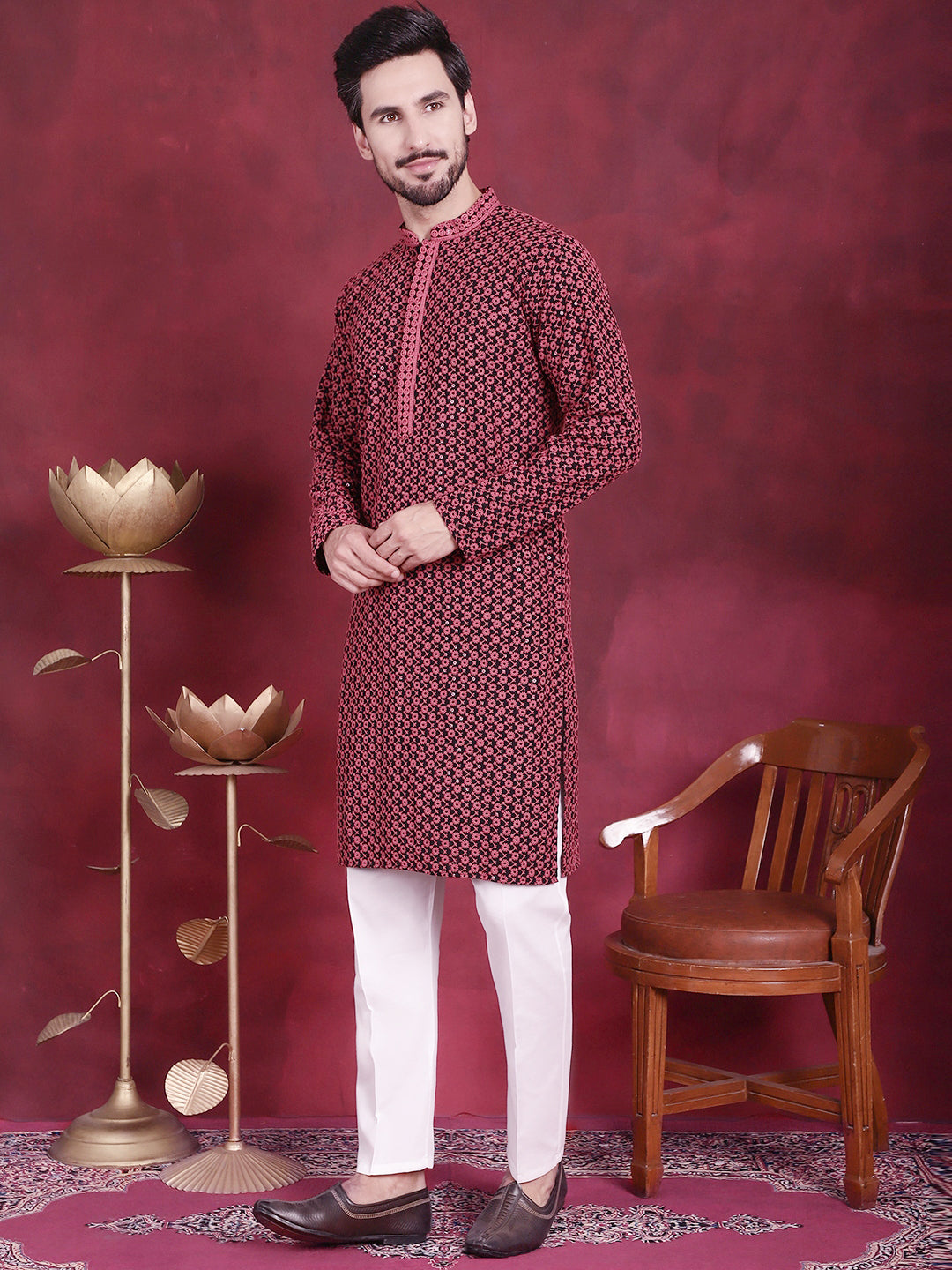Jompers Men's Sequins Embroidered Kurta with Pyjama - Magenta - Distacart