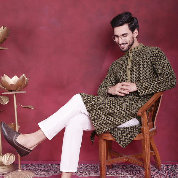 Jompers Men's Sequins Embroidered Kurta with Pyjama - Mehndi - Distacart